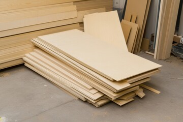 Pile of wood boards stacked on top of each other. The boards are all the same size and are made of wood