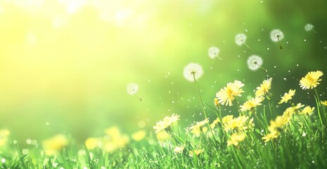 Dandelions blowing in sunny meadow background