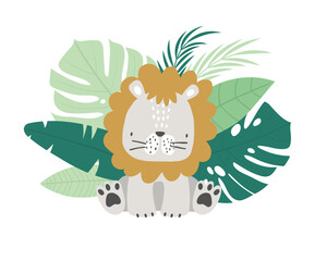 Vector illustration of cute sitting lion and tropical leaves. Jungle. Safari. Wild animals for children.  Perfect for kids products, posters, postcards, t-shirt.