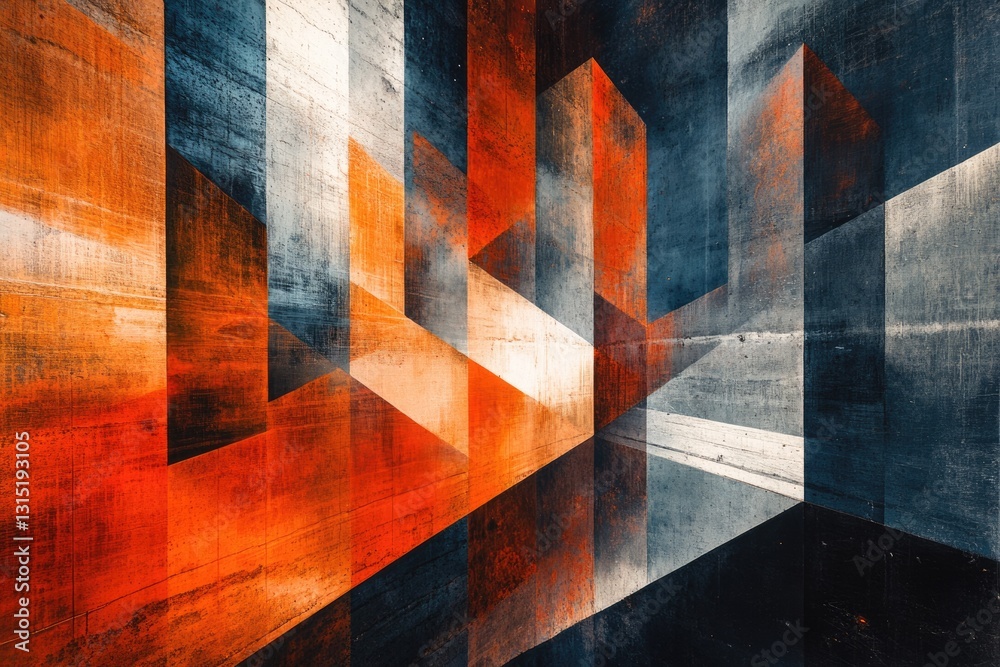 Poster Abstract geometric art with orange and grey concrete textures creating a mesmerizing 3D illusion.