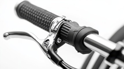 A close-up of a bicycle bell, grips, and brake levers on a white isolated background