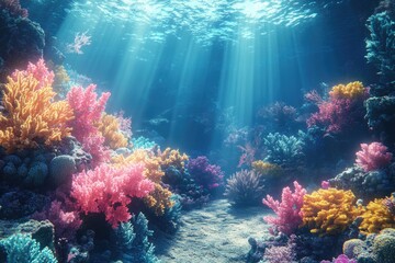 Obraz premium Vibrant underwater scene showcasing colorful coral reefs bathed in sunlight, creating a breathtaking aquatic vista.