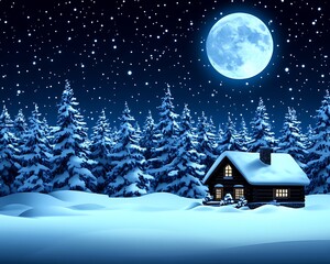 Obraz premium Snowy cabin, moonlit forest night