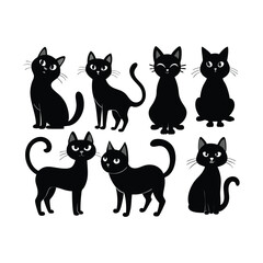 Set of Black Cat Silhouettes – Cute & Funny Cat Poses Vector Illustration