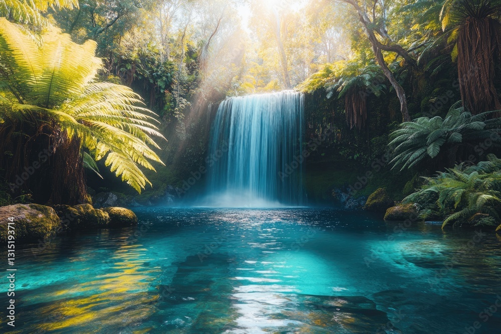 Poster serene waterfall cascading into a turquoise pool, surrounded by lush green ferns and trees in a sun-