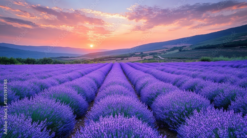 Poster rows of blooming lavender create a stunning tapestry across the landscape, while a breathtaking suns