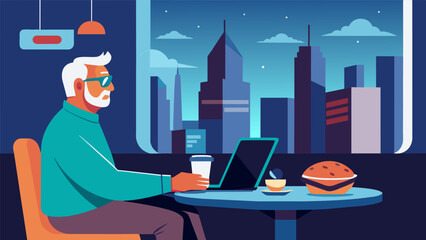 An elderly man sitting in a virtual cafe enjoying a virtual coffee and pastry while gazing out at a bustling virtual cityscape.. Vector illustration