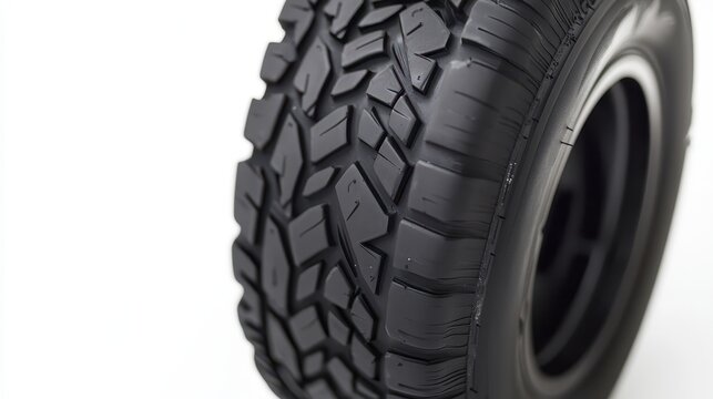 A close-up of a car tire and rim with detailed tread pattern on a white isolated background
