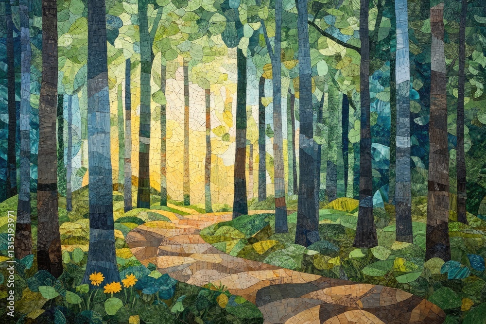 Poster a sunlit path winds through a lush forest, trees standing tall and vibrant in a mosaic of colors.