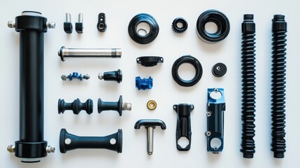 Obraz premium A set of motorcycle parts including handlebars, grips, and foot pegs on a white isolated background