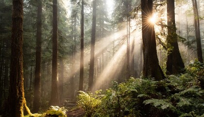 Naklejka premium Ethereal sunbeams piercing through ancient forest canopy, golden morning light rays in misty woodland landscape, serene coniferous forest with lush green ferns and mossy tree trunks.