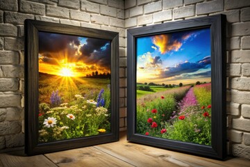 Fototapeta premium Twin Black Hinged Picture Frames Landscape Photography - Rustic Farmhouse Decor, Wall Art, Gallery Wall
