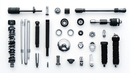 Fototapeta premium A set of motorcycle parts including handlebars, grips, and foot pegs on a white isolated background
