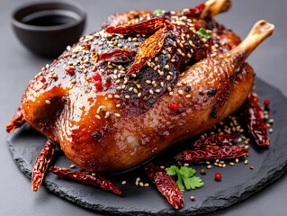 A beautifully plated chicken resting on a white dish surrounded by colorful garnishes ready for a satisfying meal