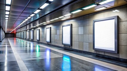 Underground Tunnel Advertising, Empty Lightboxes, Modern Concrete Corridor, Outdoor Media, Blank Banner, Advertising Space, Clean Design, Cityscape, Subway, Urban, Advertising Billboard