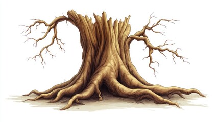 Fototapeta premium Old, gnarled tree stump with exposed roots, isolated on white background.