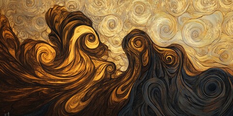 Expansive golden hued swirls and ebony curves in detailed lines