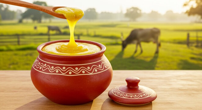 Indian Desi cow ghee or clarified butter in spoon and pouring in terra cotta pottery pot in cow field background