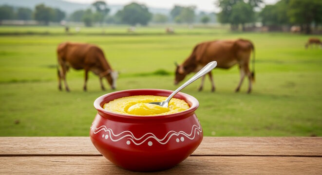 Indian Desi cow ghee or clarified butter in spoon and terra cotta pottery pot in cow field background