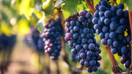 Fototapeta premium Dark wine grapes on grape tree in vineyard