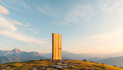 Open possibilities: A wooden door on mountain offering access to nature