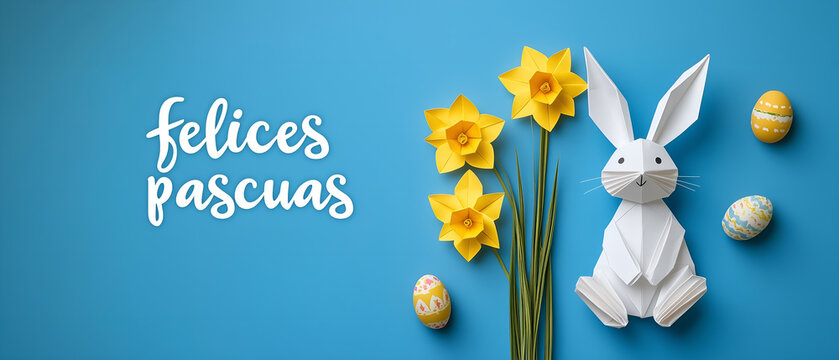 Felices Pascuas; Tarjeta de vacaciones de Pascua con deseos; vista desde arribaInteresante y &uacute;nico dise&ntilde;o de primavera azul con formas de origami; Una gran idea para una postal para tus seres queridos