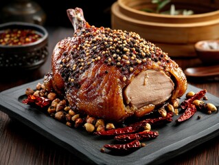 A stunning roasted turkey presented on a black plate with an elegant display for an upscale dining experience