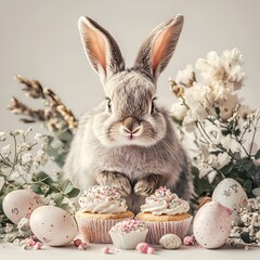 Adorable Easter bunny with cupcakes and decorated eggs, spring and happy Easter concept 