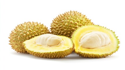 Obraz premium Fresh durian fruits, whole and halved, showing creamy yellow flesh.