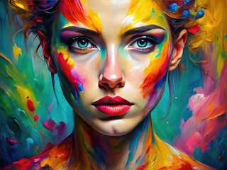 Fototapeta premium Vibrant Oil Paint Texture Portrait, Abstract Colorful Brushstrokes, Closeup, Artistic Background