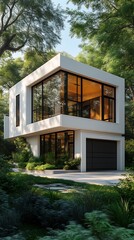 Modern architectural residence nestled in a lush and verdant forest setting