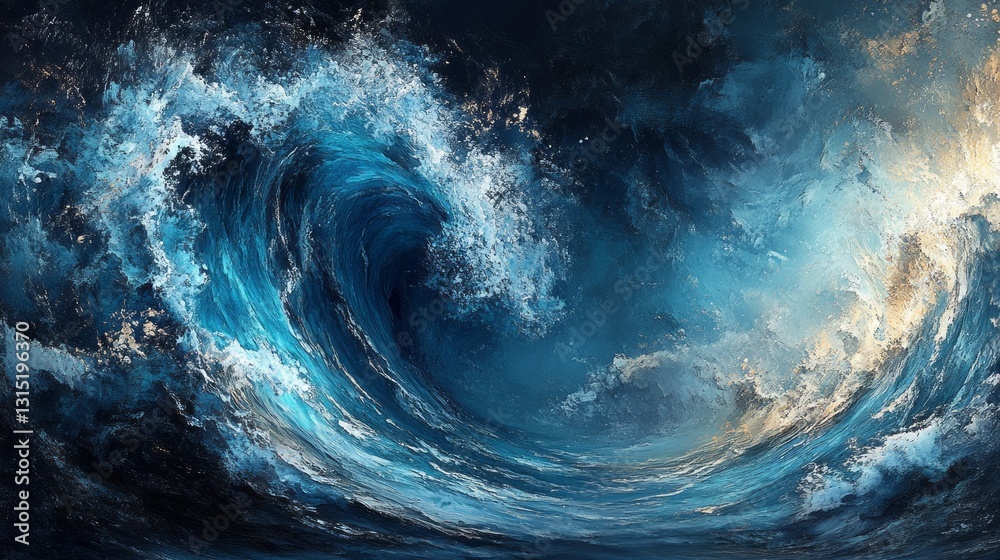 Poster a massive wave curls fiercely, its crest glimmering with sunlight while shades of blue and white dan