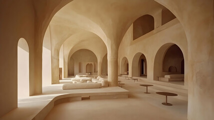 Fototapeta premium Desert oasis lounge interior; arched architecture, sunlight streams through windows, calm atmosphere; ideal for wellness, relaxation, travel brochures