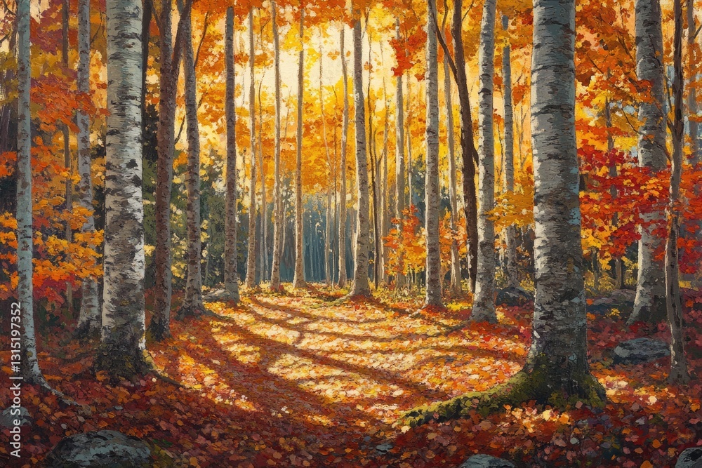 Poster sunlit autumn forest path with vibrant foliage and tall birch trees casting long shadows.
