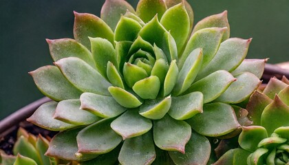 Fototapeta premium Echeveria succulent plant with green pointed leaves, close up of a desert rose succulent in a pot, organic botanical texture of a healthy houseplant for home decor and gardening concepts.