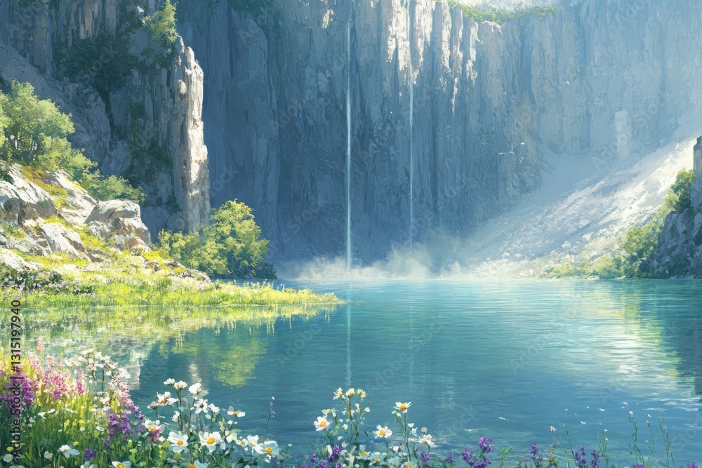 Aufkleber serene mountain lake nestled between towering cliffs, waterfalls cascading into tranquil turquoise w