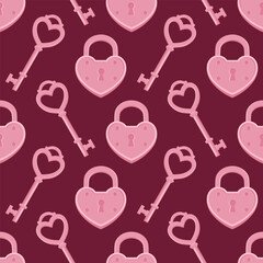 Seamless pattern with pink heart-shaped keys and locks on a plum background. Valentine's day vector pattern.	