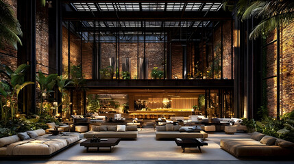Luxurious indoor-outdoor lounge,  industrial-chic design, urban setting, tranquil atmosphere; perfect for hotel or real estate marketing