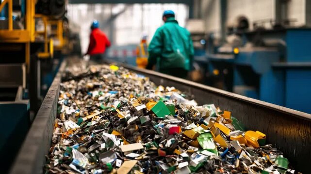 Workers are sorting through piles of waste in a recycling facility located in an industrial area during daylight hours