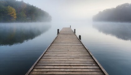 Fototapeta premium Empty wooden dock extending into a foggy lake