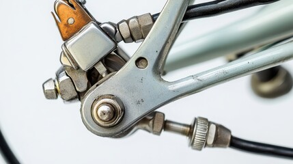 A close-up of a bicycle brake system with calipers and cables on a white isolated background