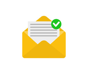Envelope with confirmed document icon. Opened letter, with checkmark and email. E-mail icon, sign of an incoming unopened message vector design and illustration.

