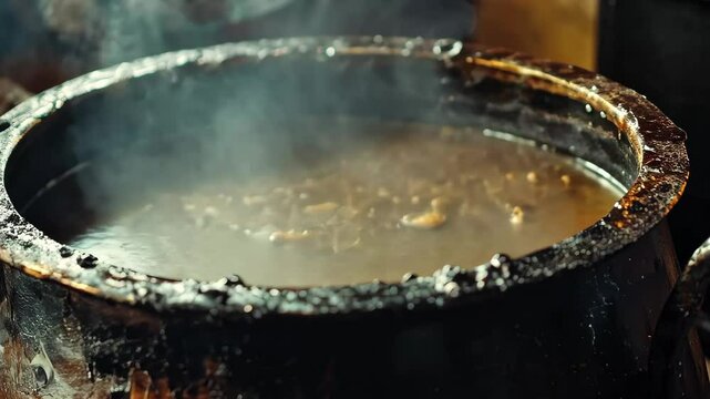 Closeup view of an old and rusty witch's cauldron filled with bubbling potion in a dimly lit setting, A close-up view of a large, old and rusty witch's cauldron brewing up a witch's magic potion