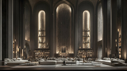 Luxurious Lounge in Gothic Cathedral Setting; Ambient Lighting, Comfortable Seating; Interior Design Inspiration