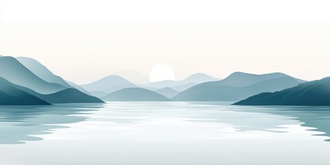 Serene cyan lake landscape painting under peaceful sun warmth