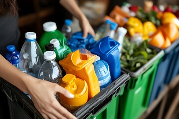 Fototapeta premium Sorting Recyclables Plastic Bottles and Containers in Bins for Proper Disposal