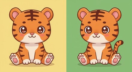 Fototapeta premium Cute Tiger Cub Cartoon Illustrations on Yellow and Green Backgrounds