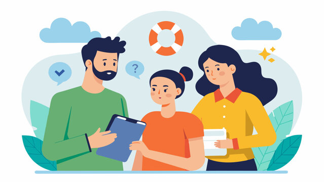 A young couple takes notes as a representative from the local emergency management agency shares tips for creating a disaster preparedness plan.. Vector illustration