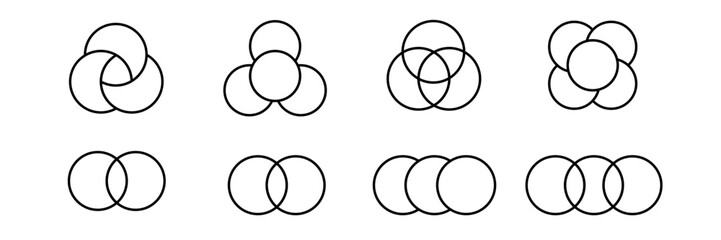 Fototapeta premium Various simple circle patterns showcase unique geometric designs. each pattern features three to four circles.