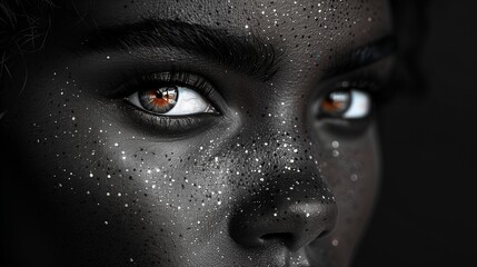 A striking closeup of a human eye with a dark face adorned with sparkling white speckles against a deep black background
